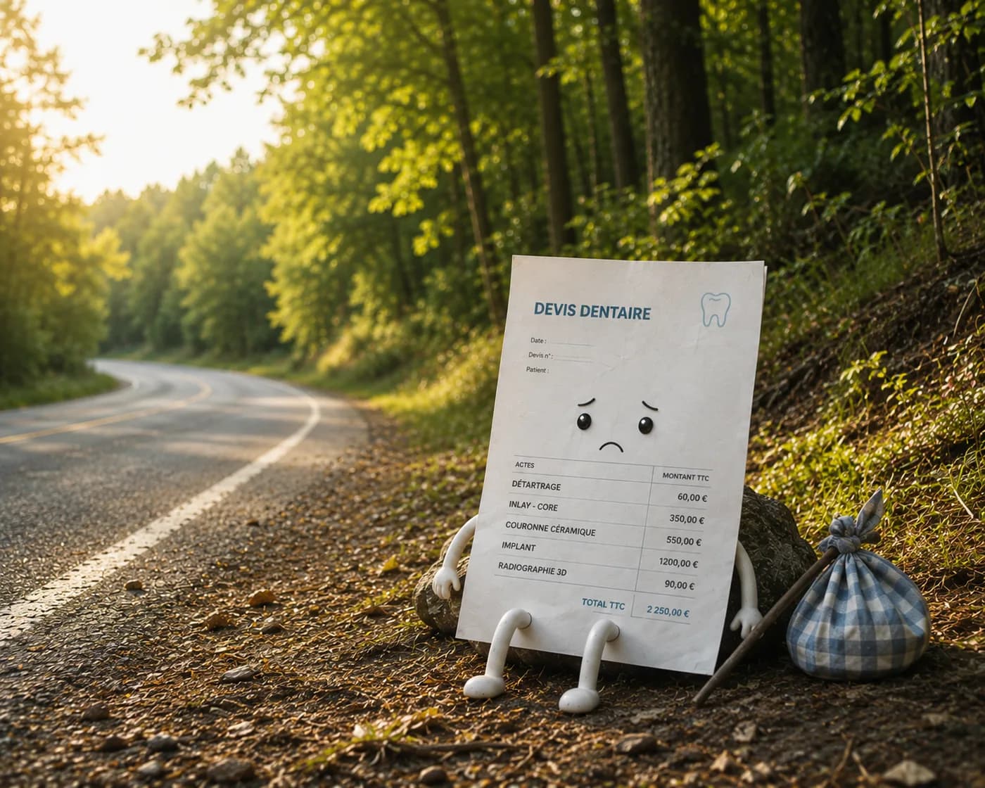 Un devis dentaire abandonné au bord d'une route, sac de voyage à la main